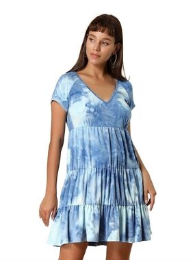 Tie dye Dress Short sleeve V neck Tiered Stretchy Size Medium Women's